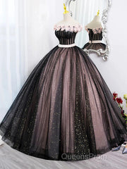 Black Tulle & Pink Flowers Sparkle Evening Prom Dress