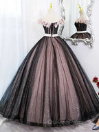 Black Tulle & Pink Flowers Sparkle Evening Prom Dress