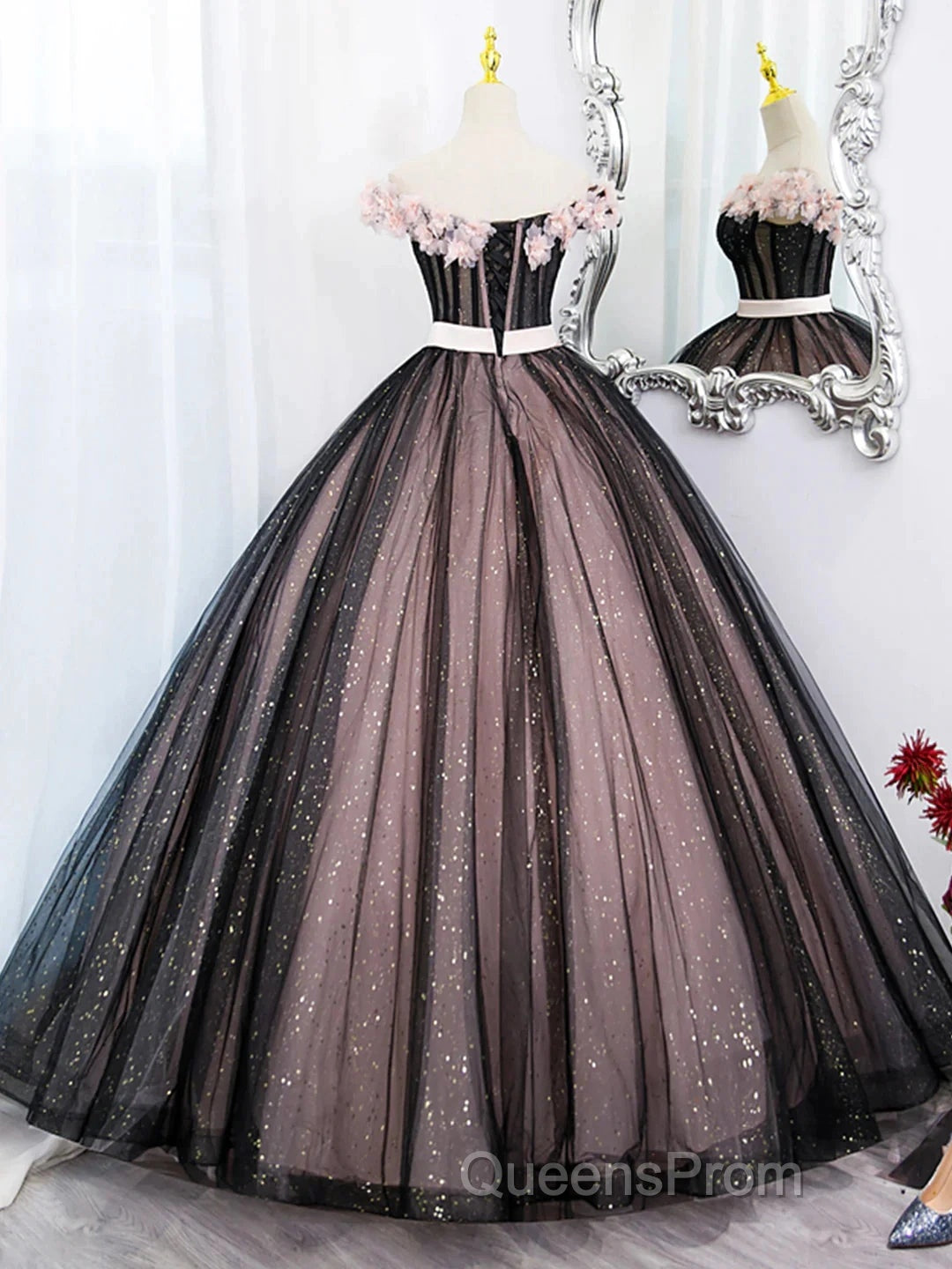 Black Tulle & Pink Flowers Sparkle Evening Prom Dress