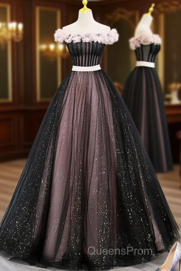 Black Tulle & Pink Flowers Sparkle Evening Prom Dress Main image
