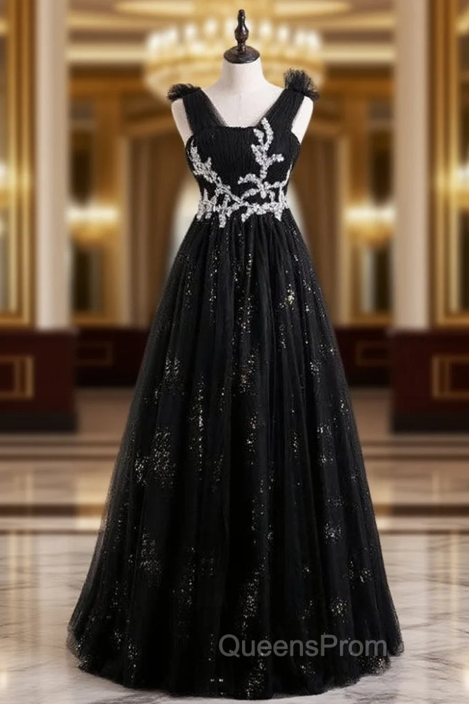 Black Tulle Pleats Appliques Beading Evening Prom Dress