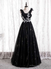 Black Tulle Pleats Appliques Beading Prom Dress
