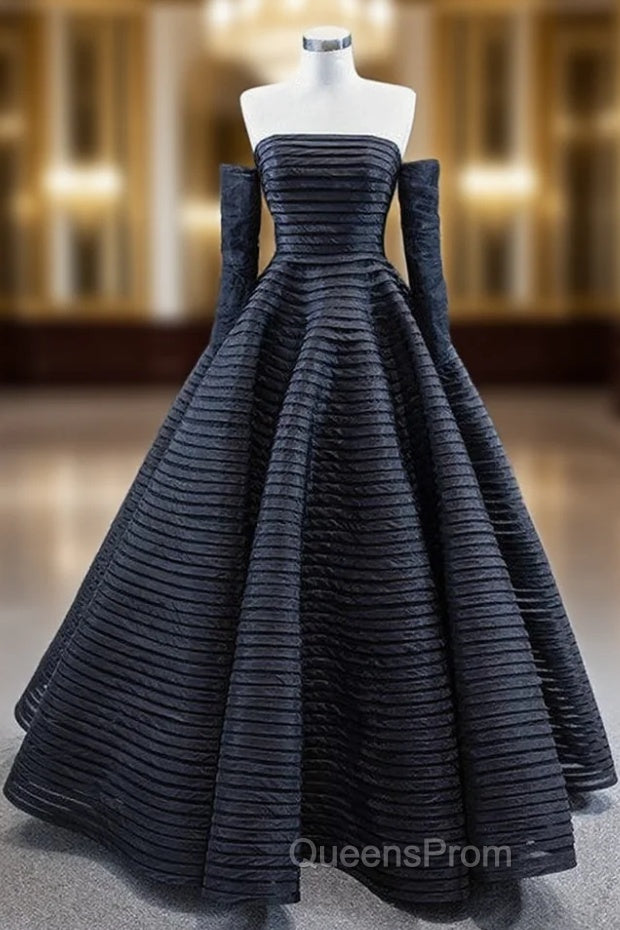 Black Tulle Pleats Strapless Evening Prom Dress With Detachable Sleeve