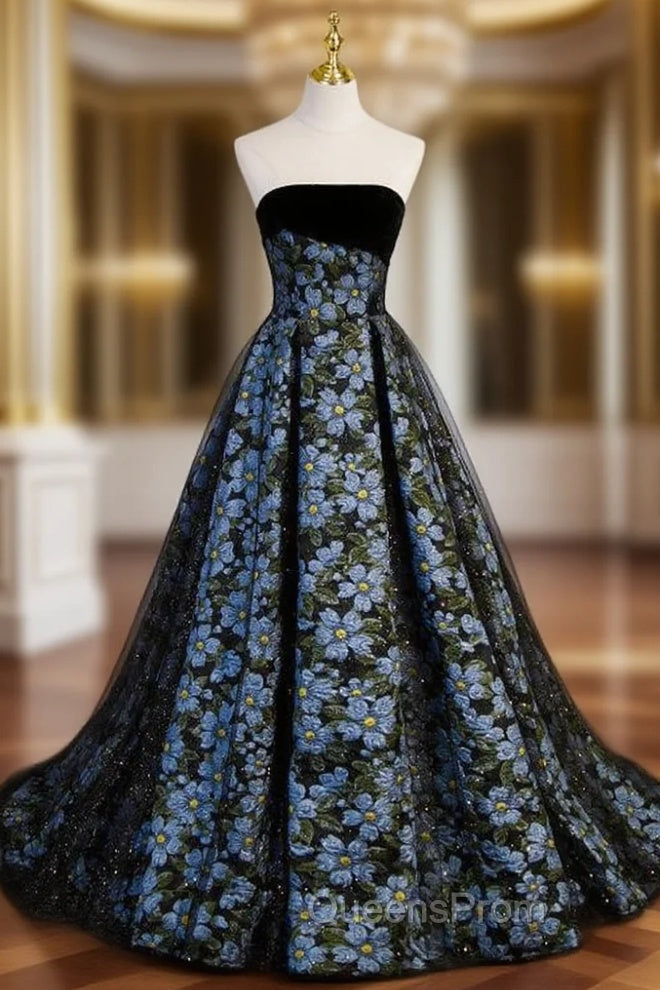 Black Tulle Print Strapless Evening Prom Dress