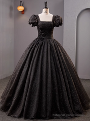 Black Tulle Puff Sleeve Appliques Pleats Quinceanera Dress