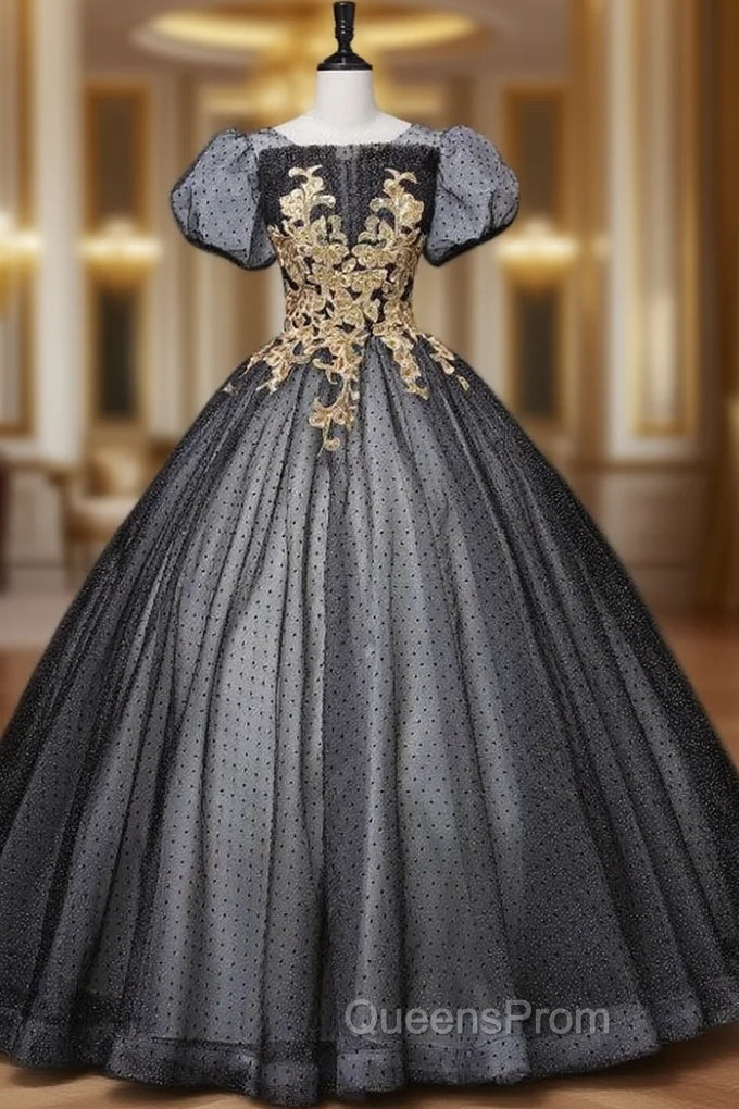 Black Tulle Puff Sleeve Appliques Sequins Quinceanera Dress