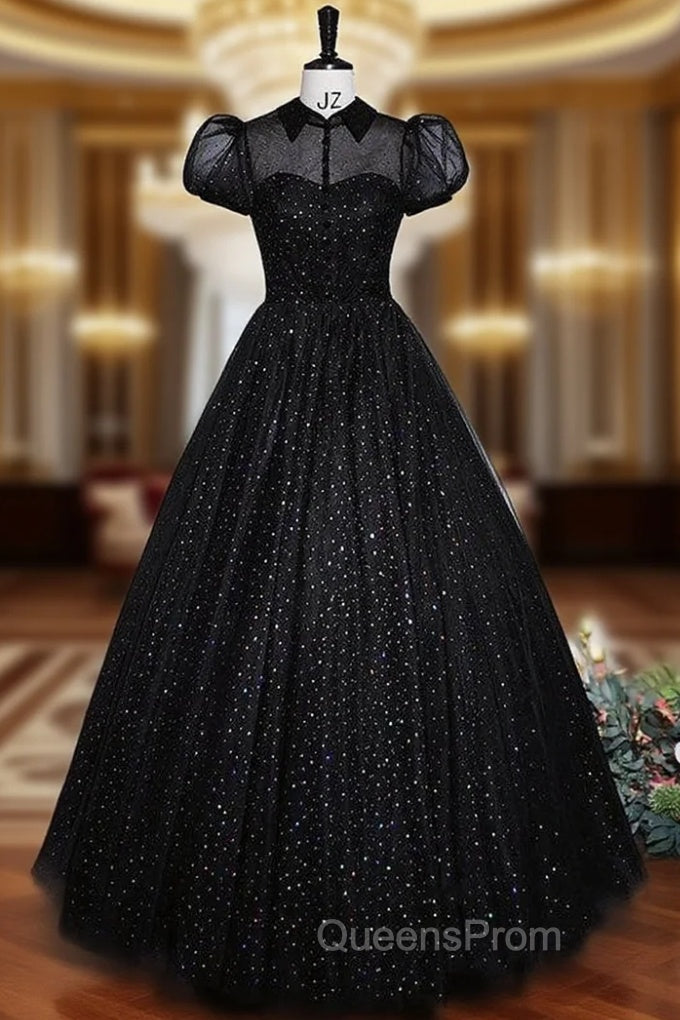 Black Tulle Puff Sleeve Evening Prom Dress