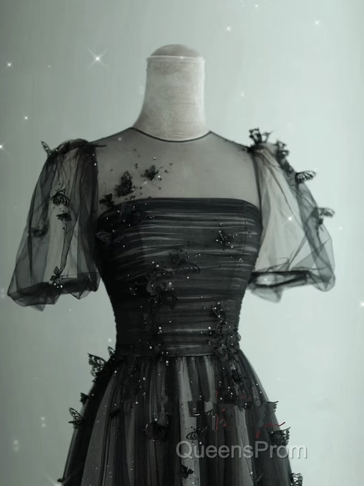 Black Tulle Puffy Short Sleeves A-Line Evening Prom Dress, Black Evening Dress Party Dress Secondary image