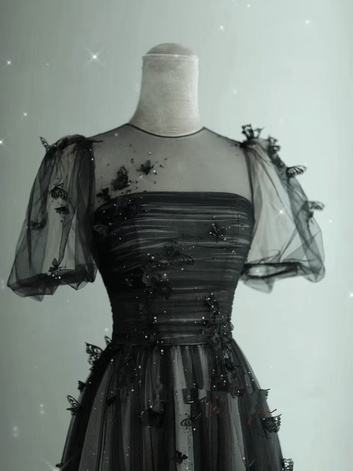 Black Tulle Puffy Short Sleeves A-Line Classy Prom Dress, Black Classy Evening Dress Party Dress