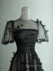Black Tulle Puffy Short Sleeves A-Line Evening Prom Dress, Black Evening Dress Party Dress