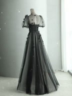 Black Tulle Puffy Short Sleeves A-Line Classy Prom Dress, Black Classy Evening Dress Party Dress