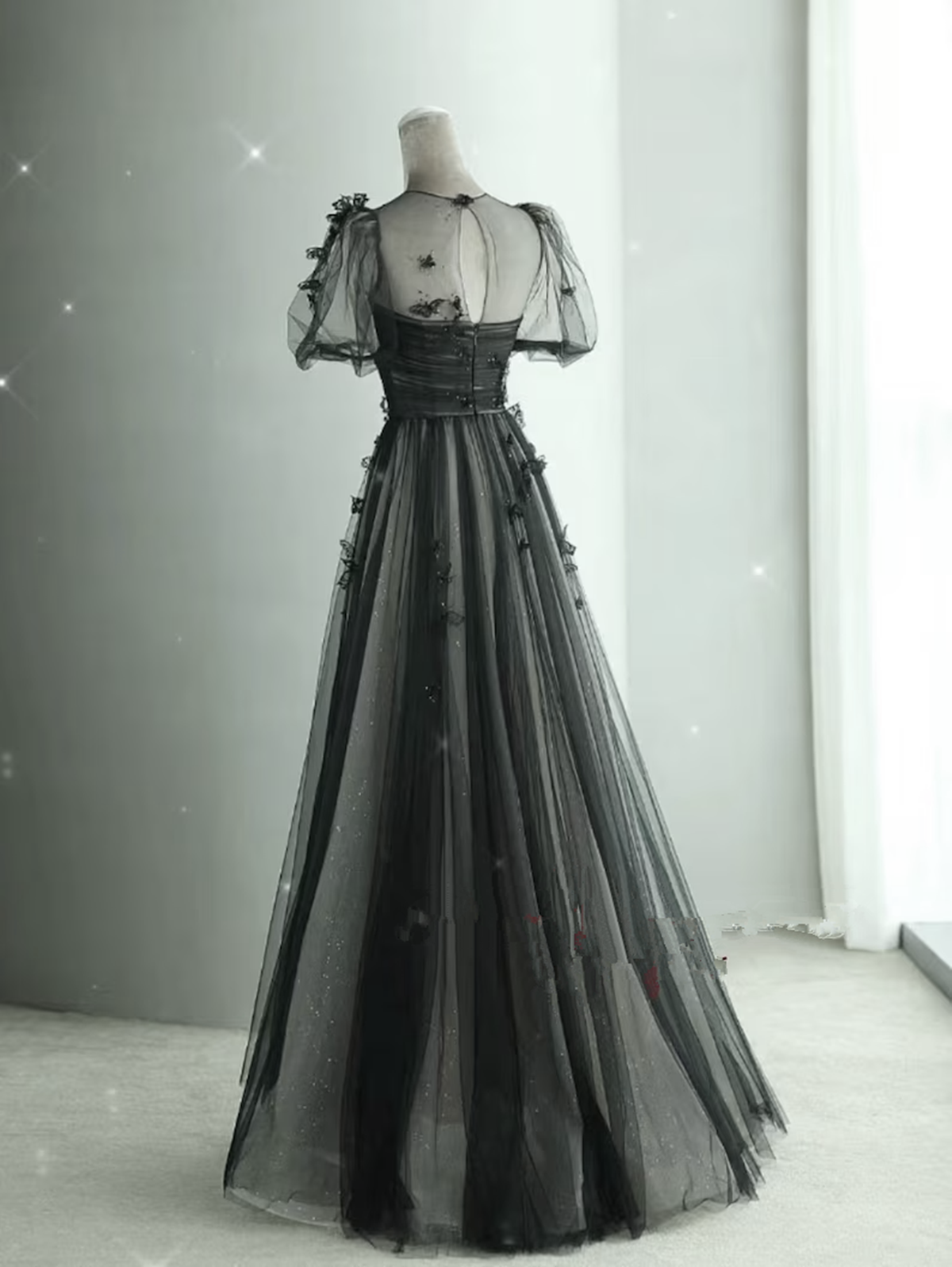 Black Tulle Puffy Short Sleeves A-Line Classy Prom Dress, Black Classy Evening Dress Party Dress