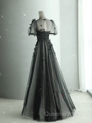 Black Tulle Puffy Short Sleeves A-Line Evening Prom Dress, Black Evening Dress Party Dress