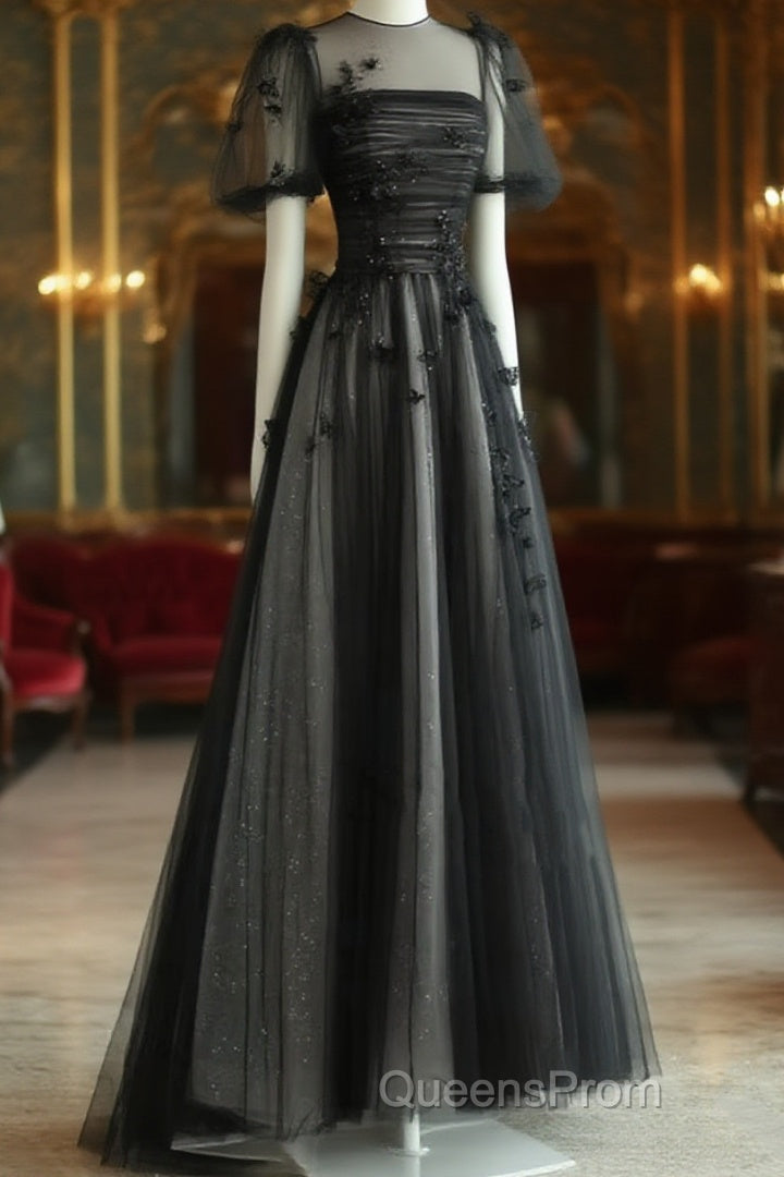 Black Tulle Puffy Short Sleeves A-Line Evening Prom Dress, Black Evening Dress Party Dress Main image