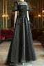 Black Tulle Puffy Short Sleeves A-Line Evening Prom Dress, Black Evening Dress Party Dress