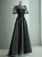 Black Tulle Puffy Short Sleeves A-Line Classy Prom Dress, Black Classy Evening Dress Party Dress