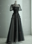 Black Tulle Puffy Short Sleeves A-Line Classy Prom Dress, Black Classy Evening Dress Party Dress