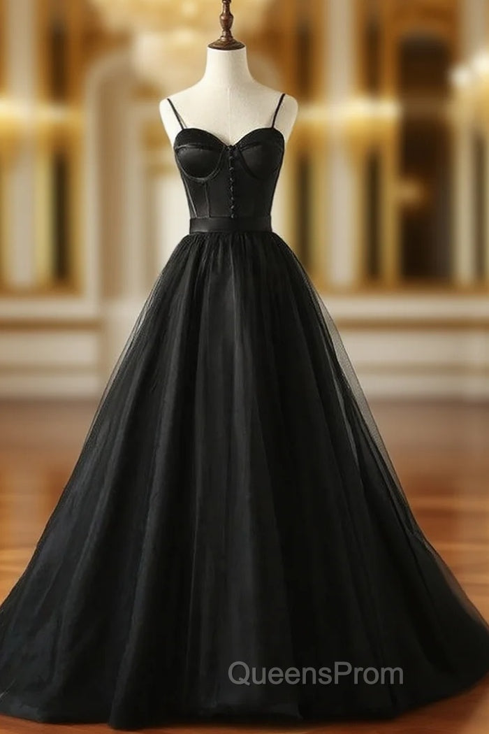 Black Tulle Satin Spaghetti Straps Button Evening Prom Dress