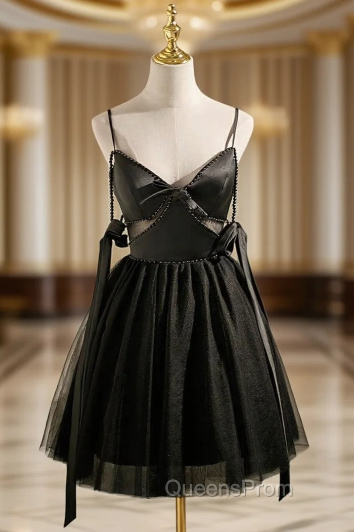 Black Tulle Satin Spaghetti Straps Pearls Homecoming Dress Main image