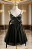 Black Tulle Satin Spaghetti Straps Pearls Homecoming Dress