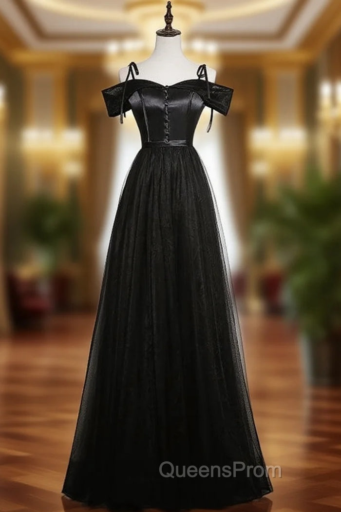 Black Tulle Satin Spaghetti Straps Evening Prom Dress