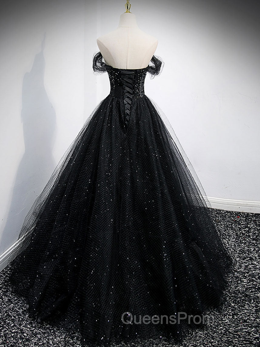 Black Tulle Sequin Long Evening Prom Dress, Black Tulle Evening Dress Secondary image