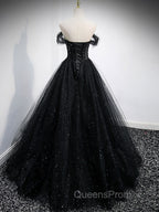 Black Tulle Sequin Long Evening Prom Dress, Black Tulle Evening Dress