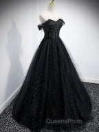 Black Tulle Sequin Long Evening Prom Dress, Black Tulle Evening Dress