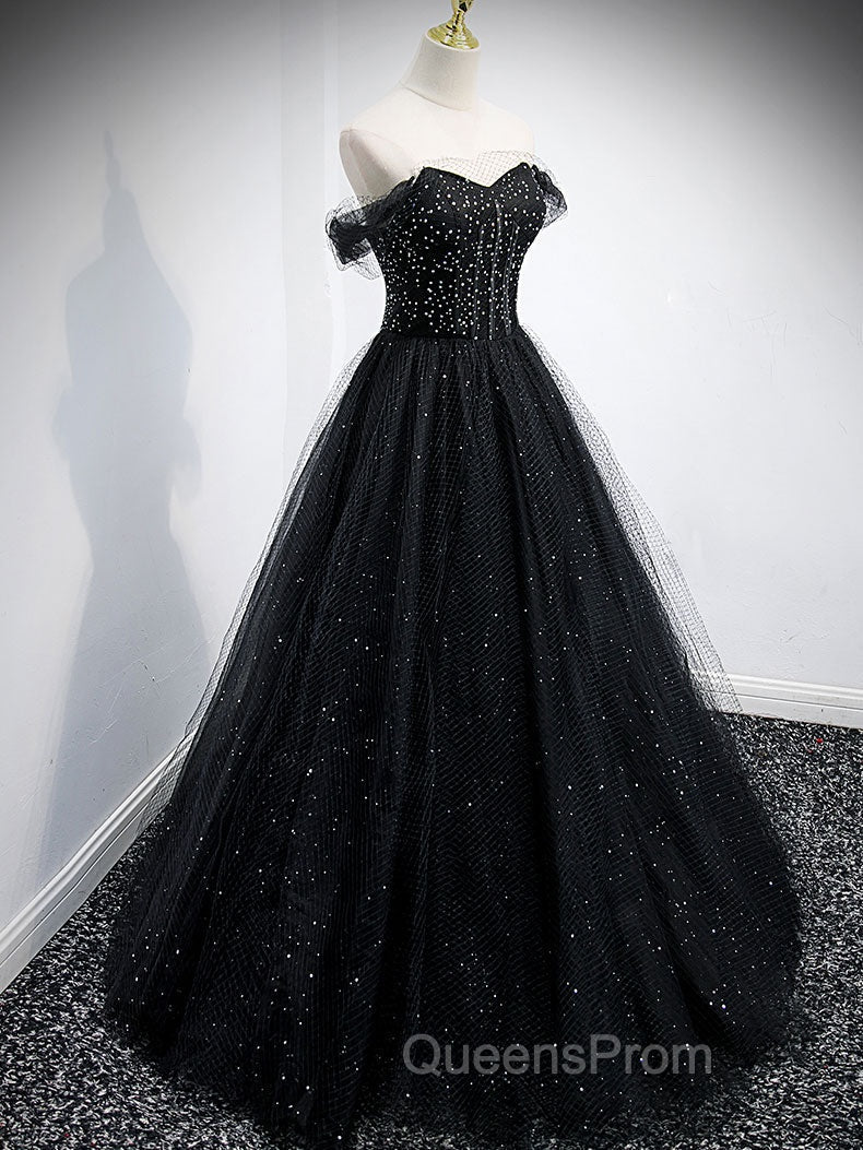 Black Tulle Sequin Long Evening Prom Dress, Black Tulle Evening Dress