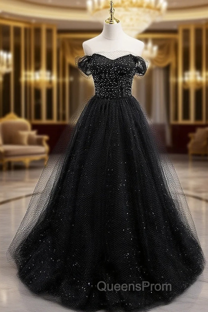 Black Tulle Sequin Long Evening Prom Dress, Black Tulle Evening Dress