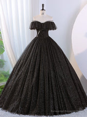 Black Tulle Sequins Beading Off the Shoulder Quinceanera Dress