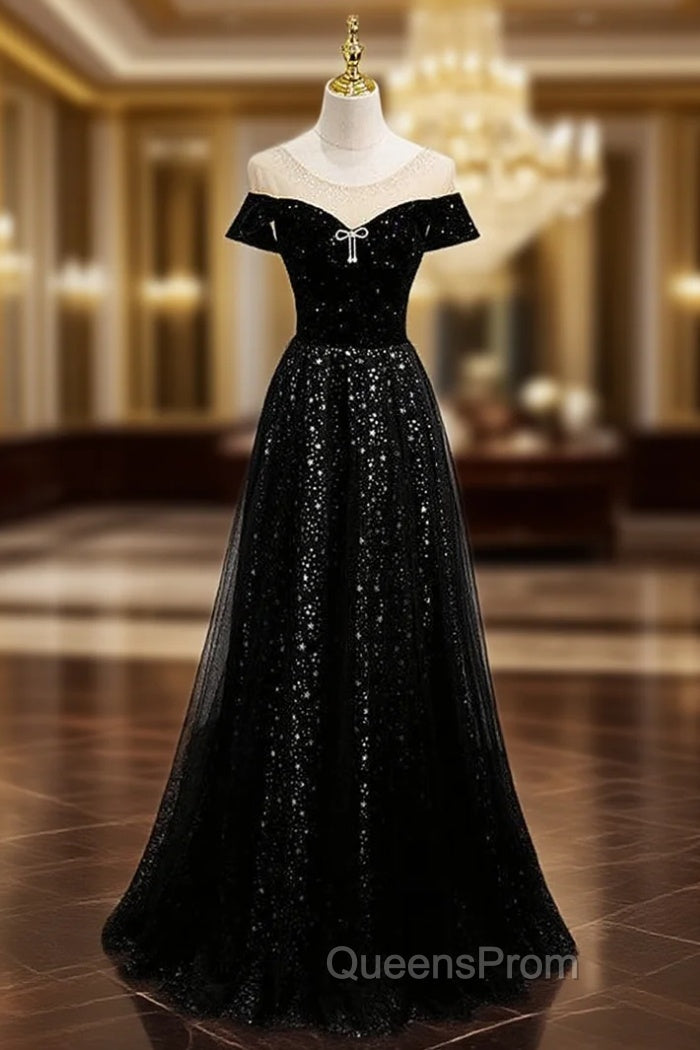 Black Tulle Sequins Cap Sleeve Evening Prom Dress
