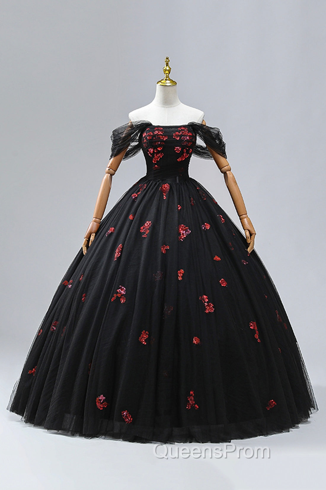 Black Tulle Sequins Long Evening Dress, A-Line Off the Shoulder Backless Evening Dress Secondary image