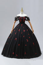 Black Tulle Sequins Long Evening Dress, A-Line Off the Shoulder Backless Evening Dress