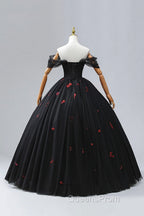 Black Tulle Sequins Long Evening Dress, A-Line Off the Shoulder Backless Evening Dress