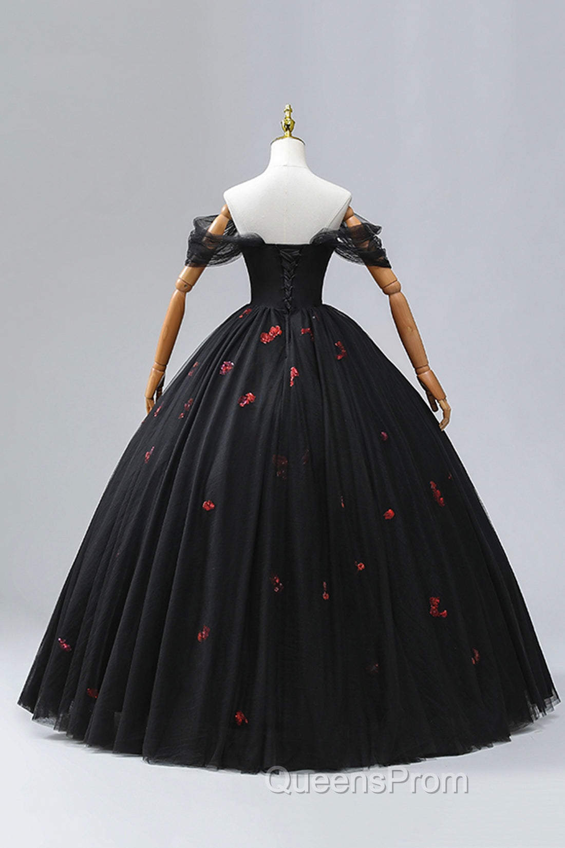 Black Tulle Sequins Long Evening Dress, A-Line Off the Shoulder Backless Evening Dress