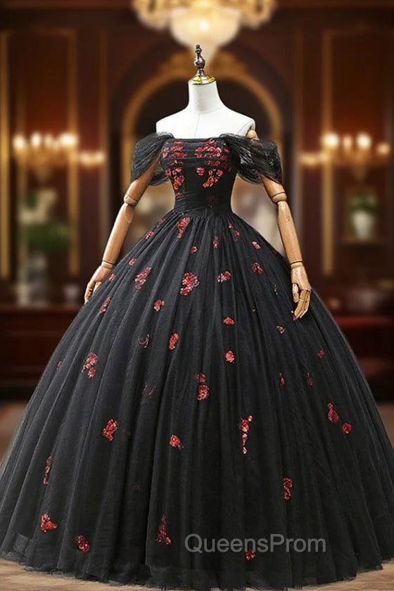 Black Tulle Sequins Long Evening Dress, A-Line Off the Shoulder Backless Evening Dress Main image