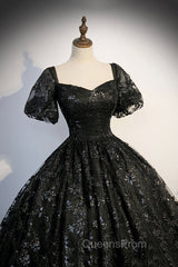 Black Tulle Sequins Long Evening Prom Dress, A-Line Short Sleeve Evening Gown
