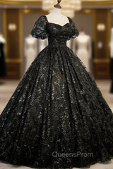 Black Tulle Sequins Long Evening Prom Dress, A-Line Short Sleeve Evening Gown