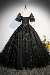 Black Tulle Sequins Long Evening Prom Dress, A-Line Short Sleeve Evening Gown