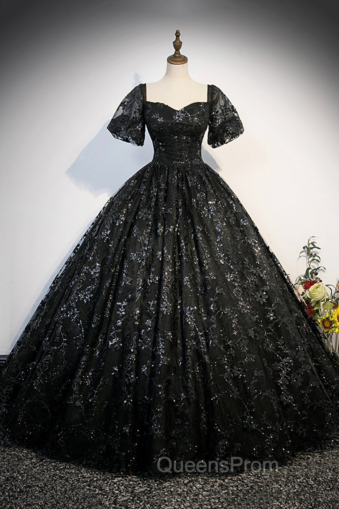 Black Tulle Sequins Long Evening Prom Dress, A-Line Short Sleeve Evening Gown Main image