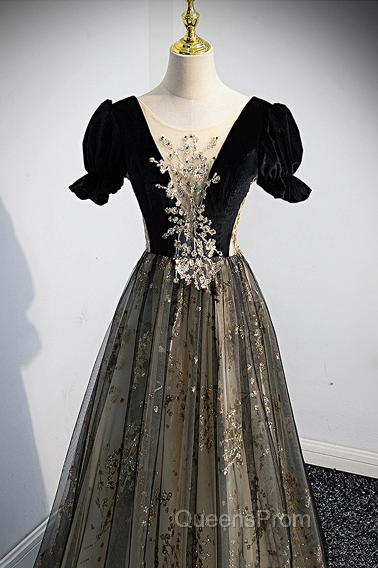 Black Tulle Sequins Long Evening Prom Dress, Black A-Line Evening Dress Secondary image