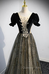Black Tulle Sequins Long Evening Prom Dress, Black A-Line Evening Dress
