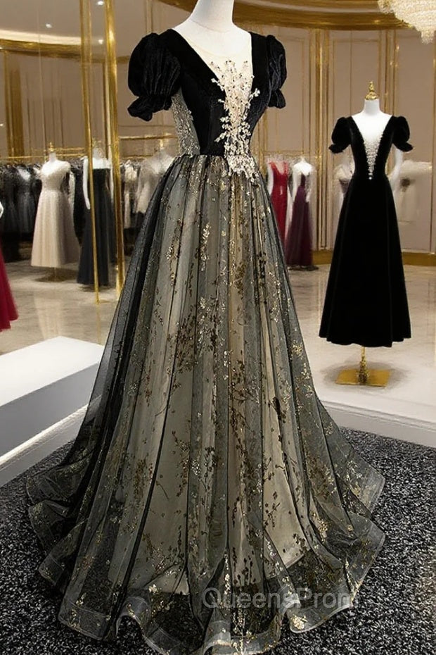 Black Tulle Sequins Long Evening Prom Dress, Black A-Line Evening Dress