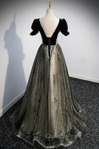 Black Tulle Sequins Long Evening Prom Dress, Black A-Line Evening Dress