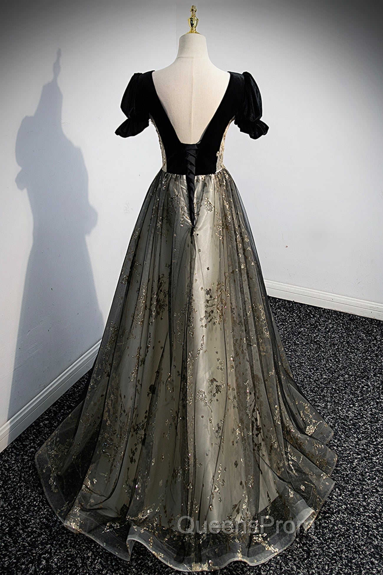 Black Tulle Sequins Long Evening Prom Dress, Black A-Line Evening Dress