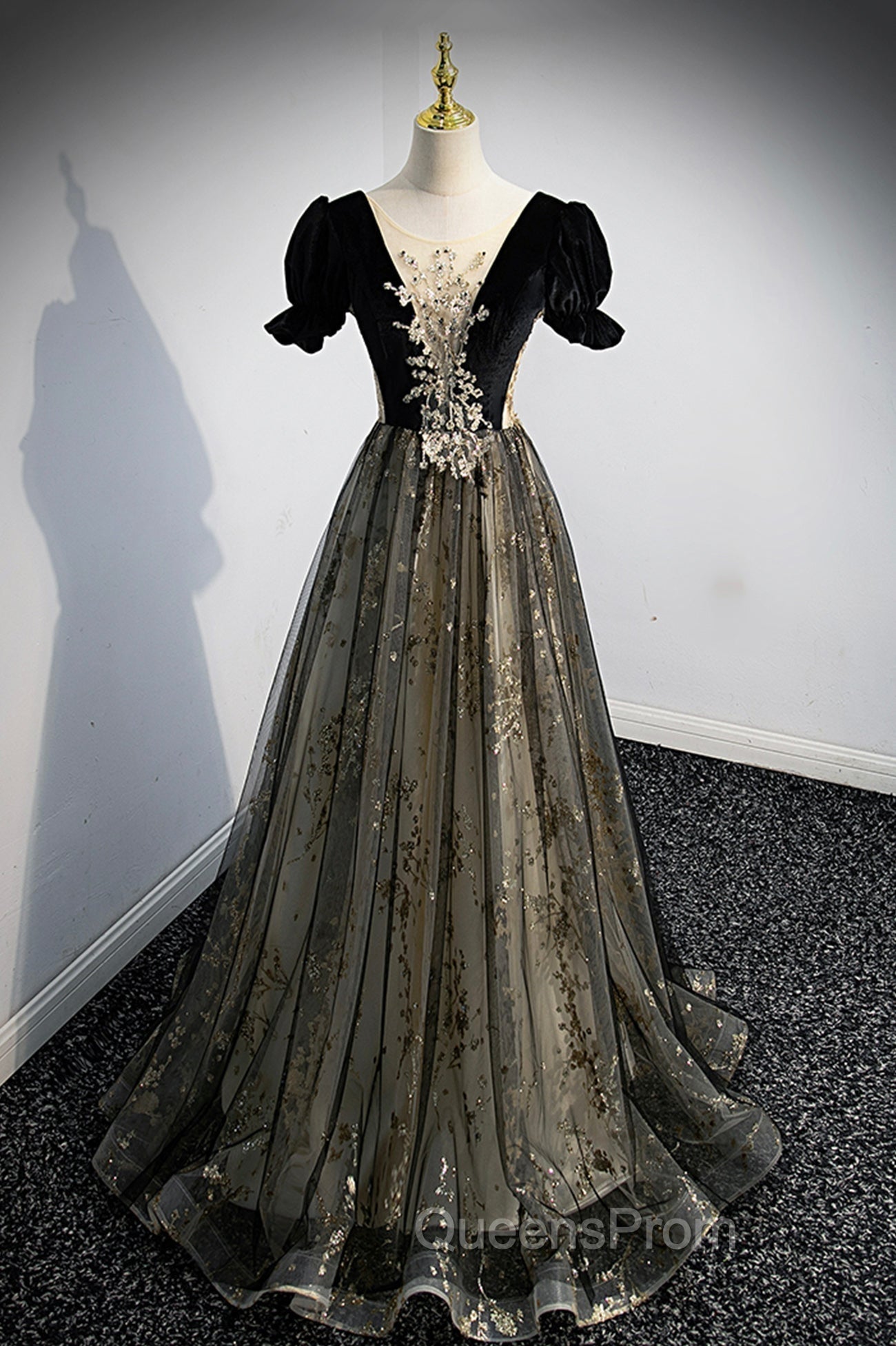 Black Tulle Sequins Long Evening Prom Dress, Black A-Line Evening Dress
