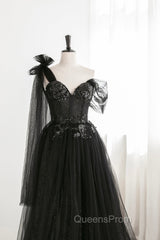 Black Tulle Sequins Long Evening Prom Dress, Black One Shoulder Evening Dress