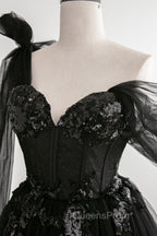 Black Tulle Sequins Long Evening Prom Dress, Black One Shoulder Evening Dress