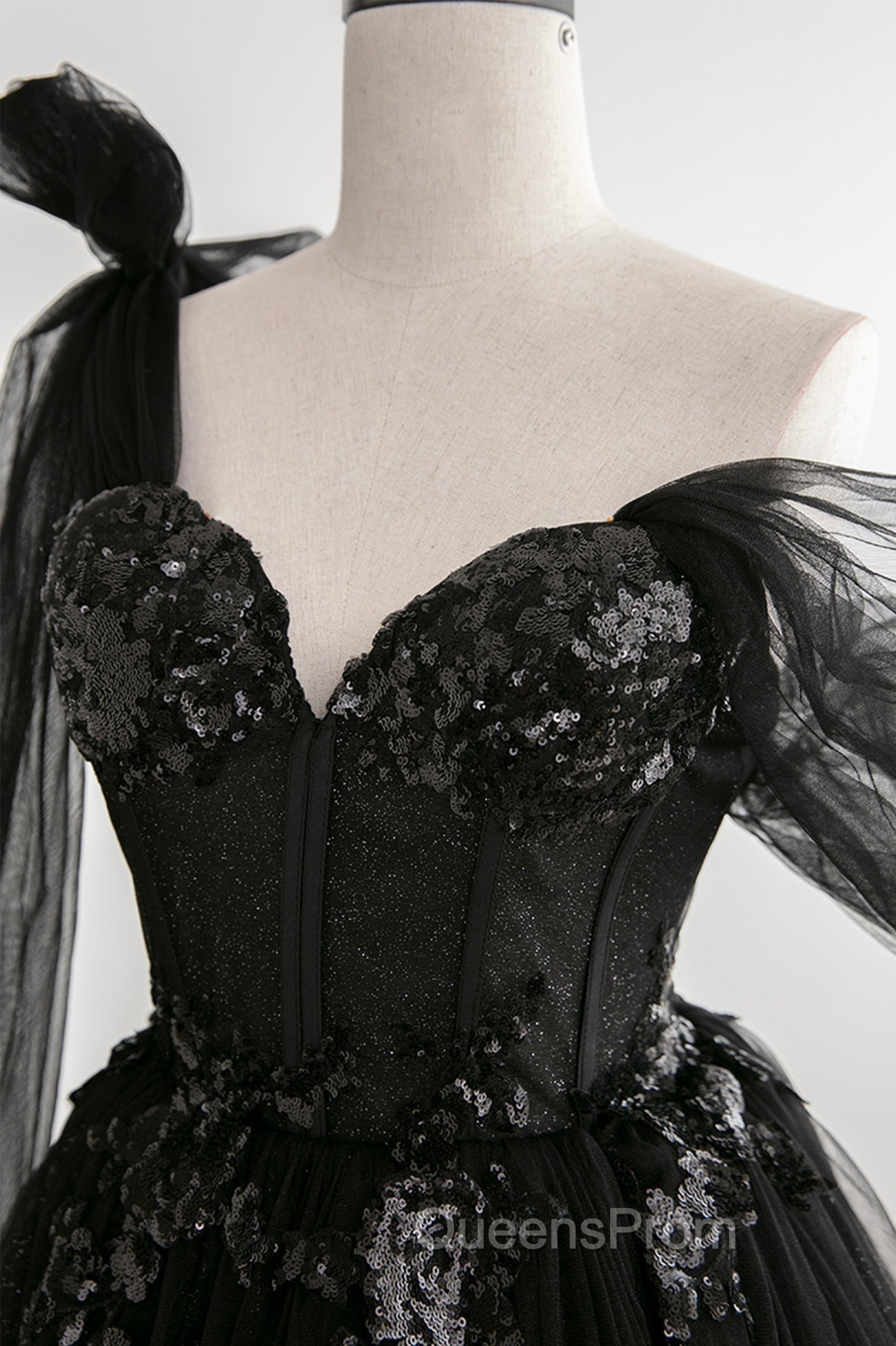 Black Tulle Sequins Long Evening Prom Dress, Black One Shoulder Evening Dress
